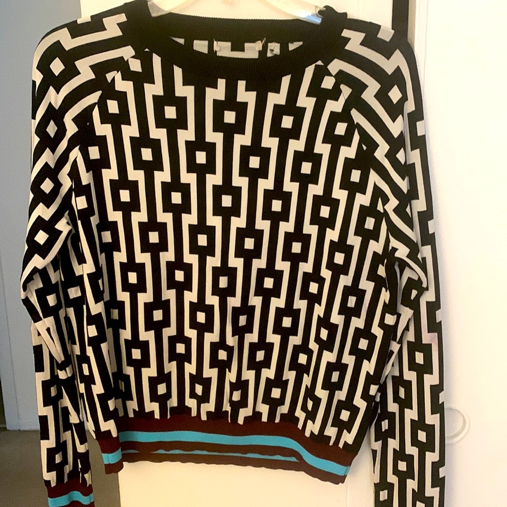 Geometric euro looking lightweight sweater, fitted . Pair with black bottoms.